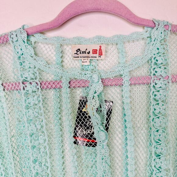 Lim's Vintage Hand Crocheted Button Down Short Sleeve Blue Turquoise Top Medium - Picture 4 of 4